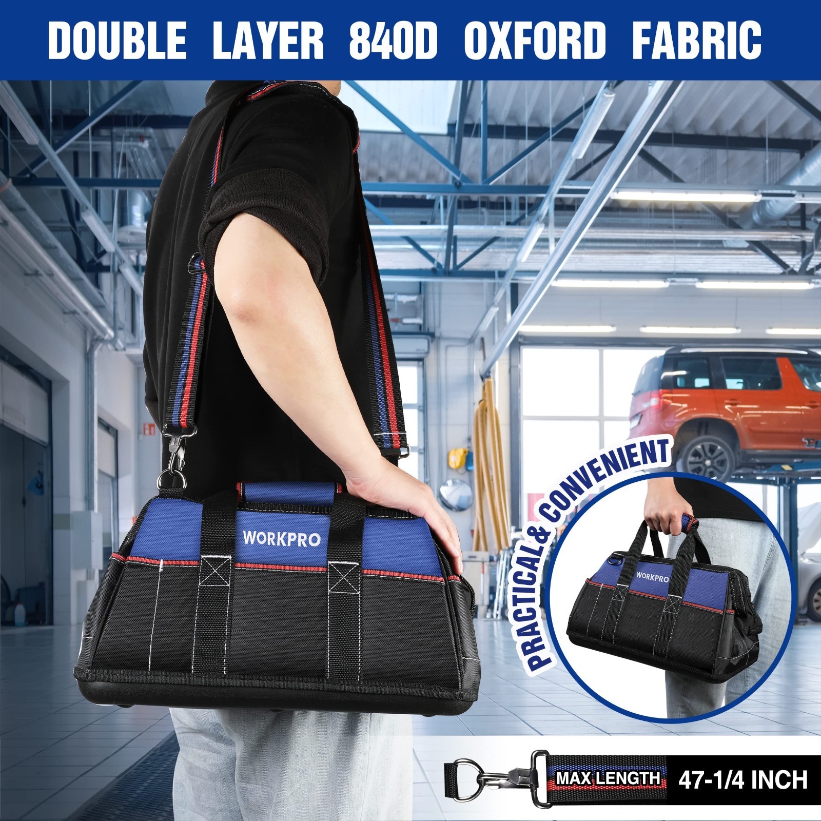 16″ Wide Mouth Tool Bag – Heavy Duty Cloth Storage, Waterproof Base, Adjustable