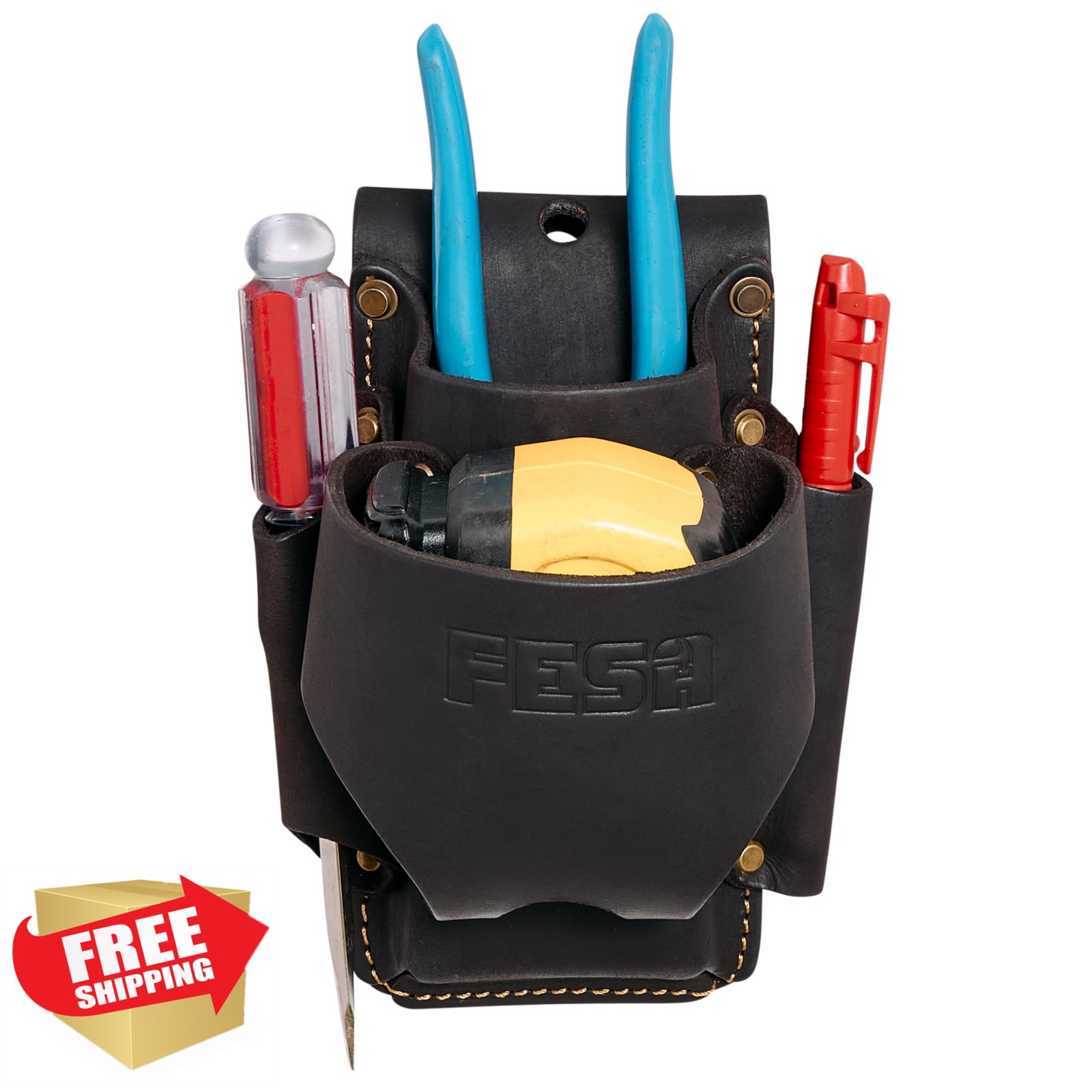 FESA Small Leather Tool Pouch, 4-in-1, Tape Holder, Fits 3″ Belt