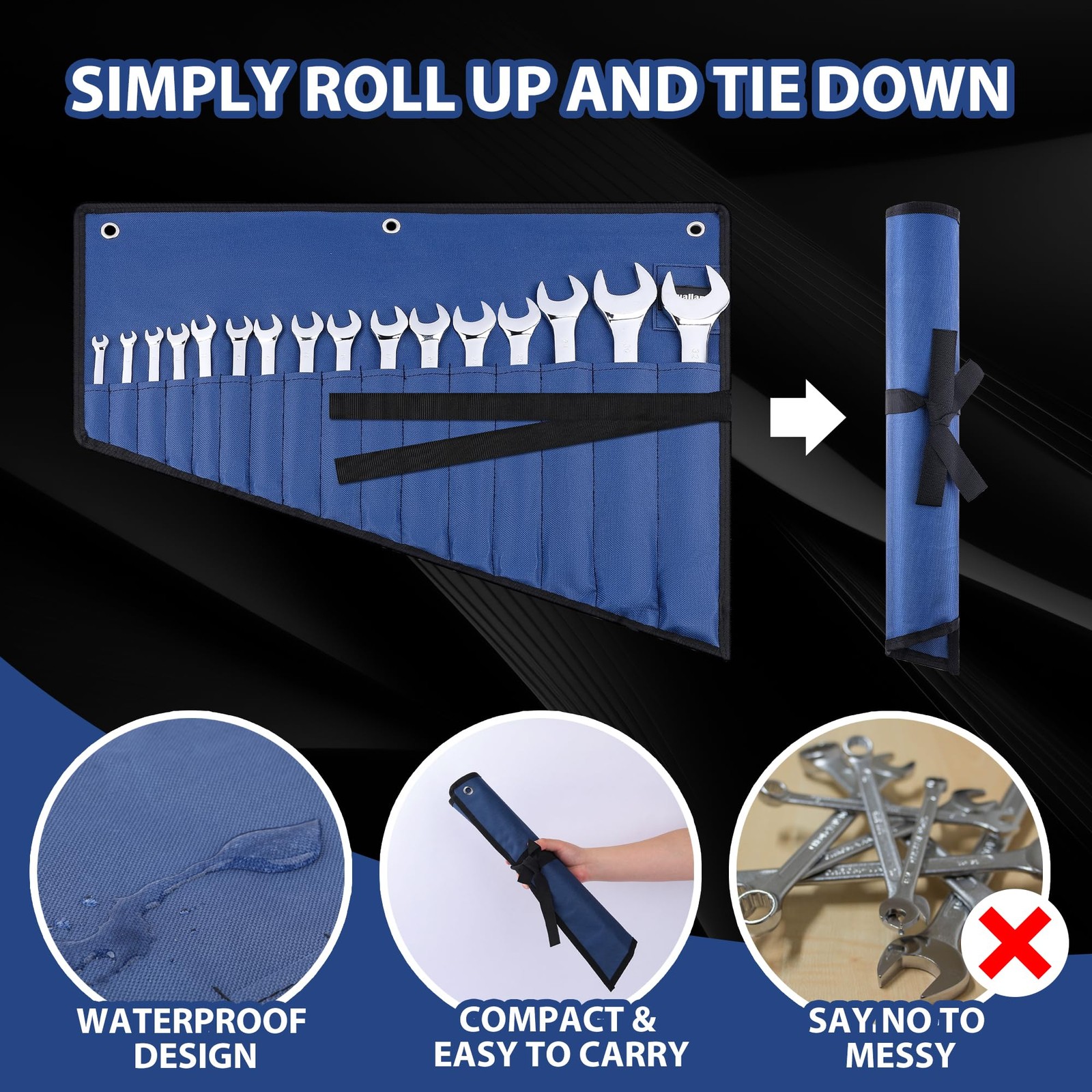 Wrench Roll Organizer 16 Pocket 600D Oxford Waterproof Hang Up Tool Bag Blue