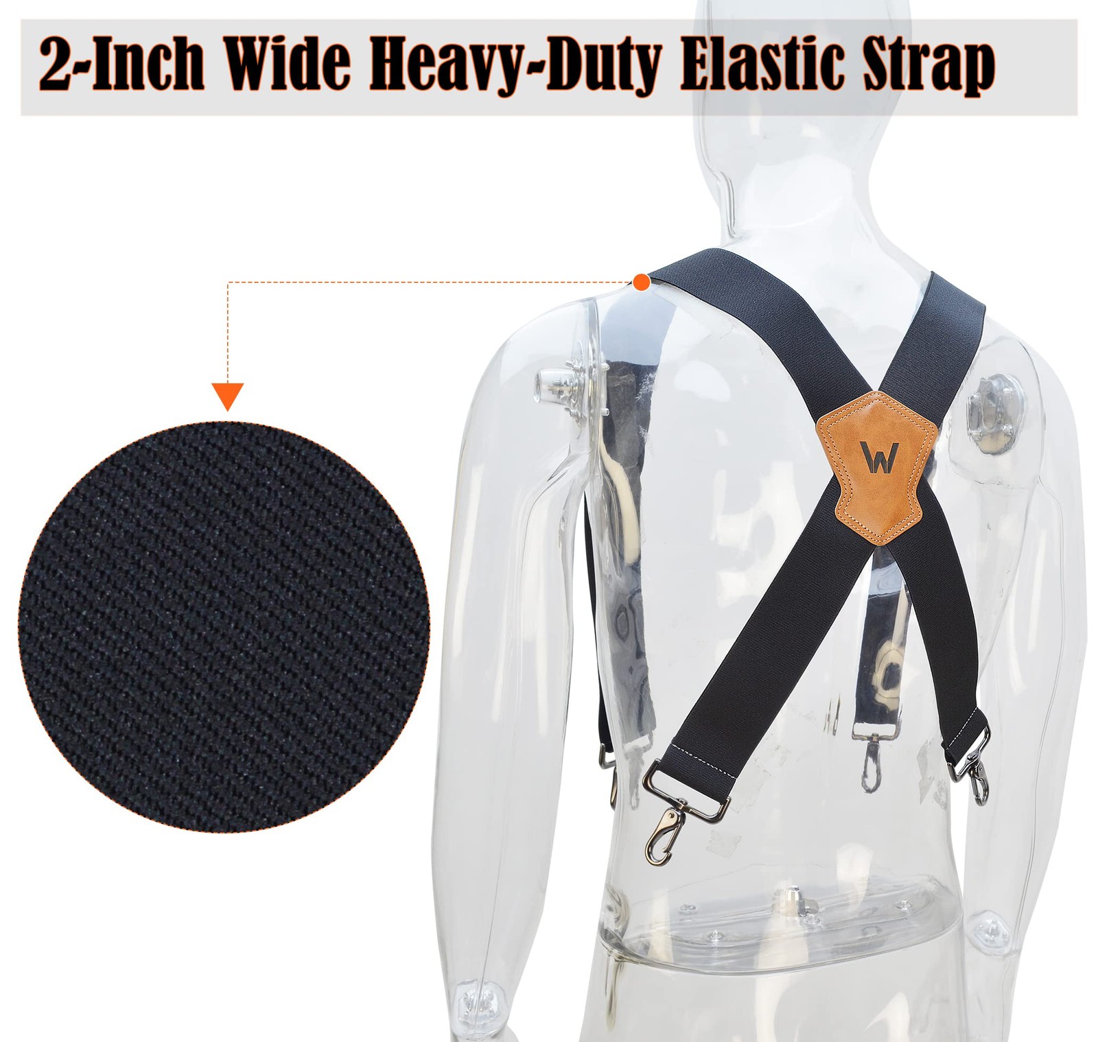 WELKINLAND 2Inch-Wide Full Elastic Suspenders, Heavy Duty Men’s Large, Black