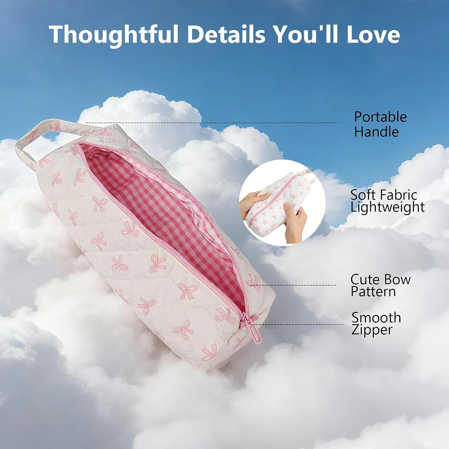 Hair Tool Bag with Matching Small Pouch, Pink Bow Quilted Hair Tools Travel Bag,