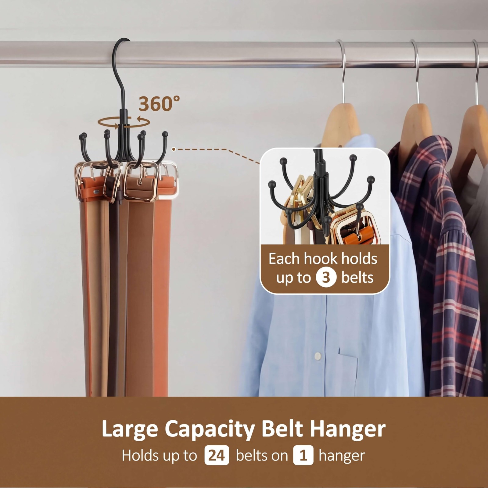 ZEDODIER Belt Organizer for Closet, 1 Pack–Round Hook Hanger, Black