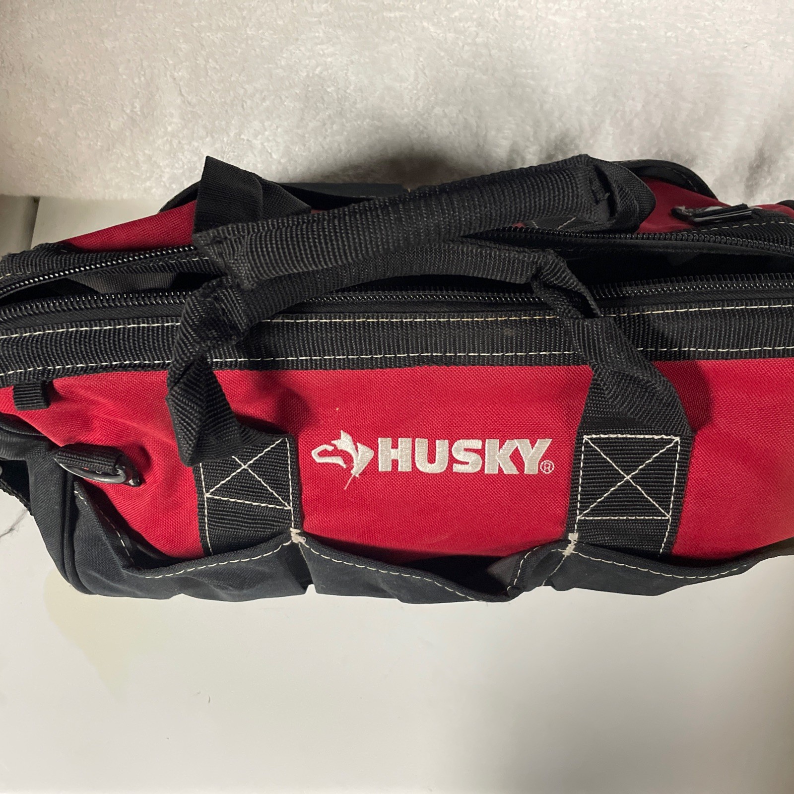 Husky Zippered Tool Bag Red Black 15 in Wide Mouth Canvas 5 Outer Pockets
