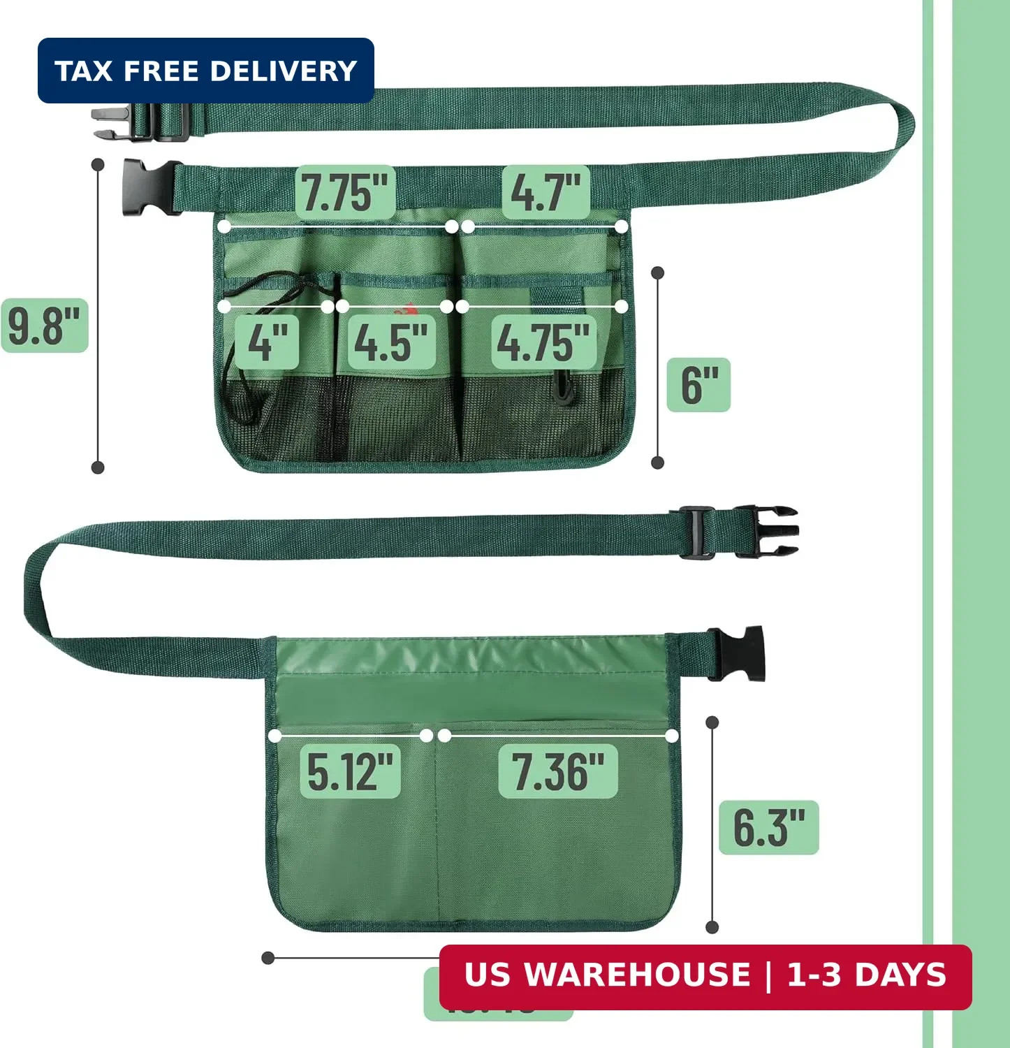 UNCO- Adjustable Gardening Belt, Green, 7 Pockets, Wear, Cut and Water Resistant