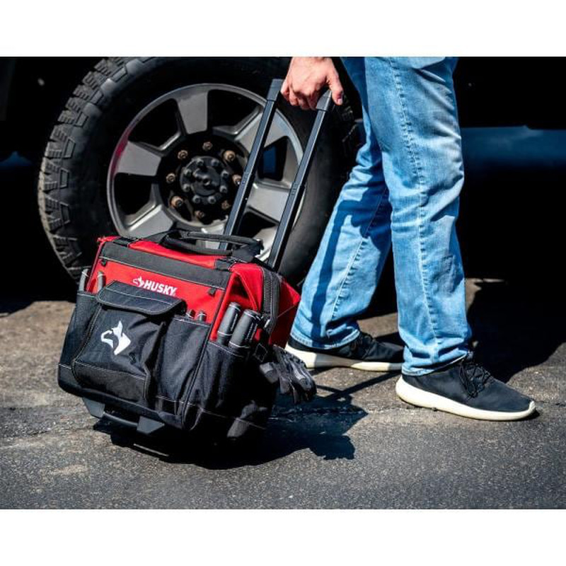 14 in. Zipper Top Rolling Water Resistant Tool Tote Bag, Telescoping Handle Red