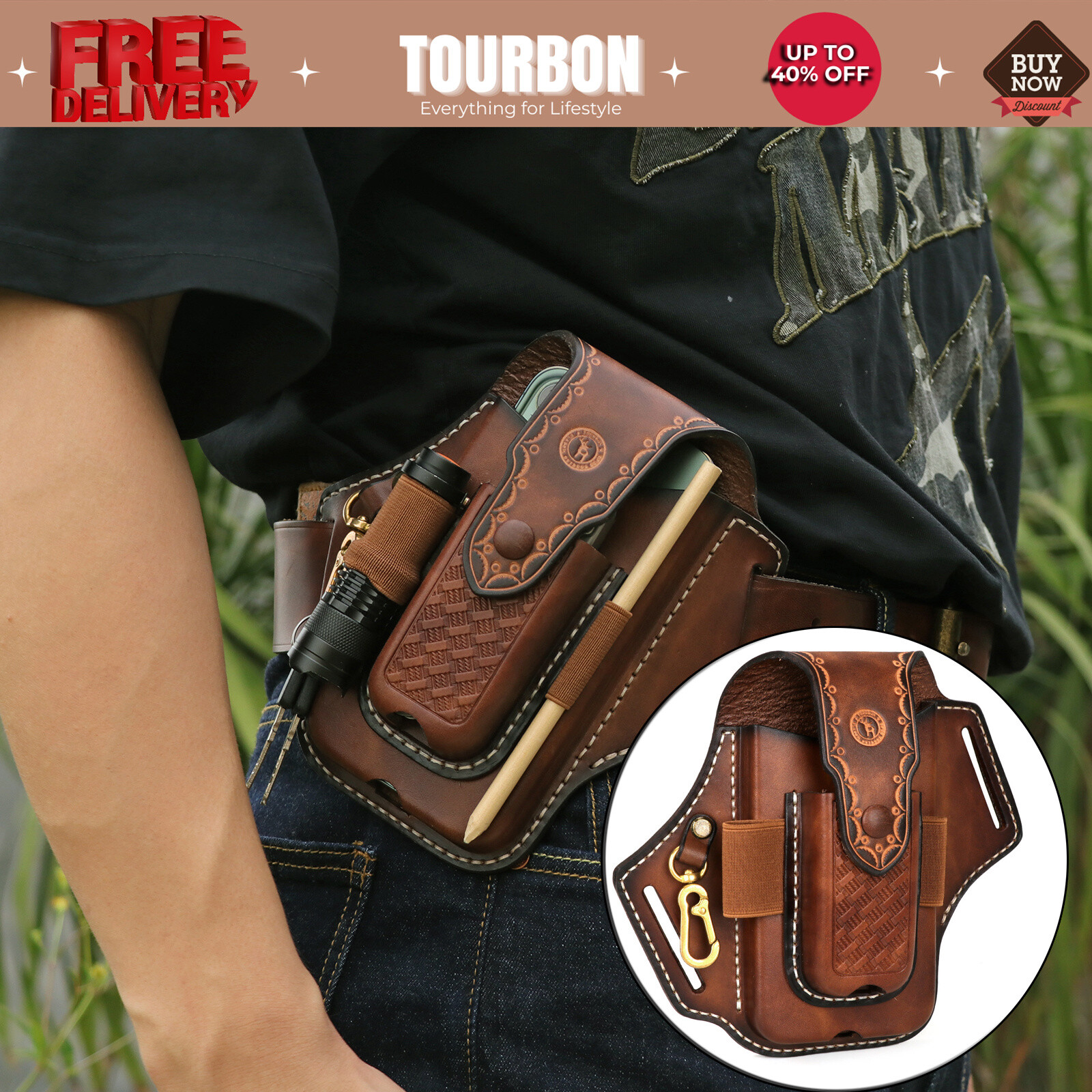 Tourbon Leather EDC Multitool Carrying Sheath Belt Holster Pen Pouch Phone Case