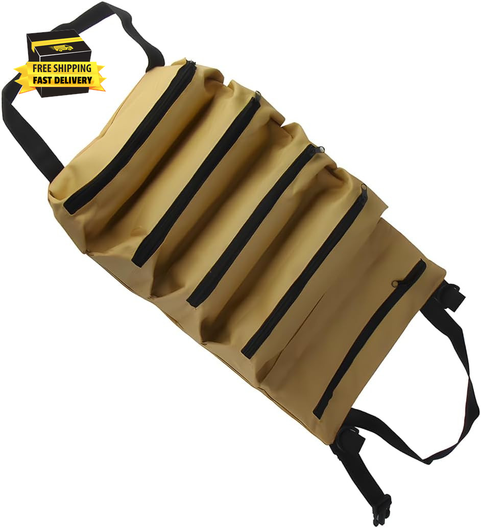 Car Seat Organizer, Oxford Cloth Roll up Tool Bag with 5 Zipper Pockets, Hanging