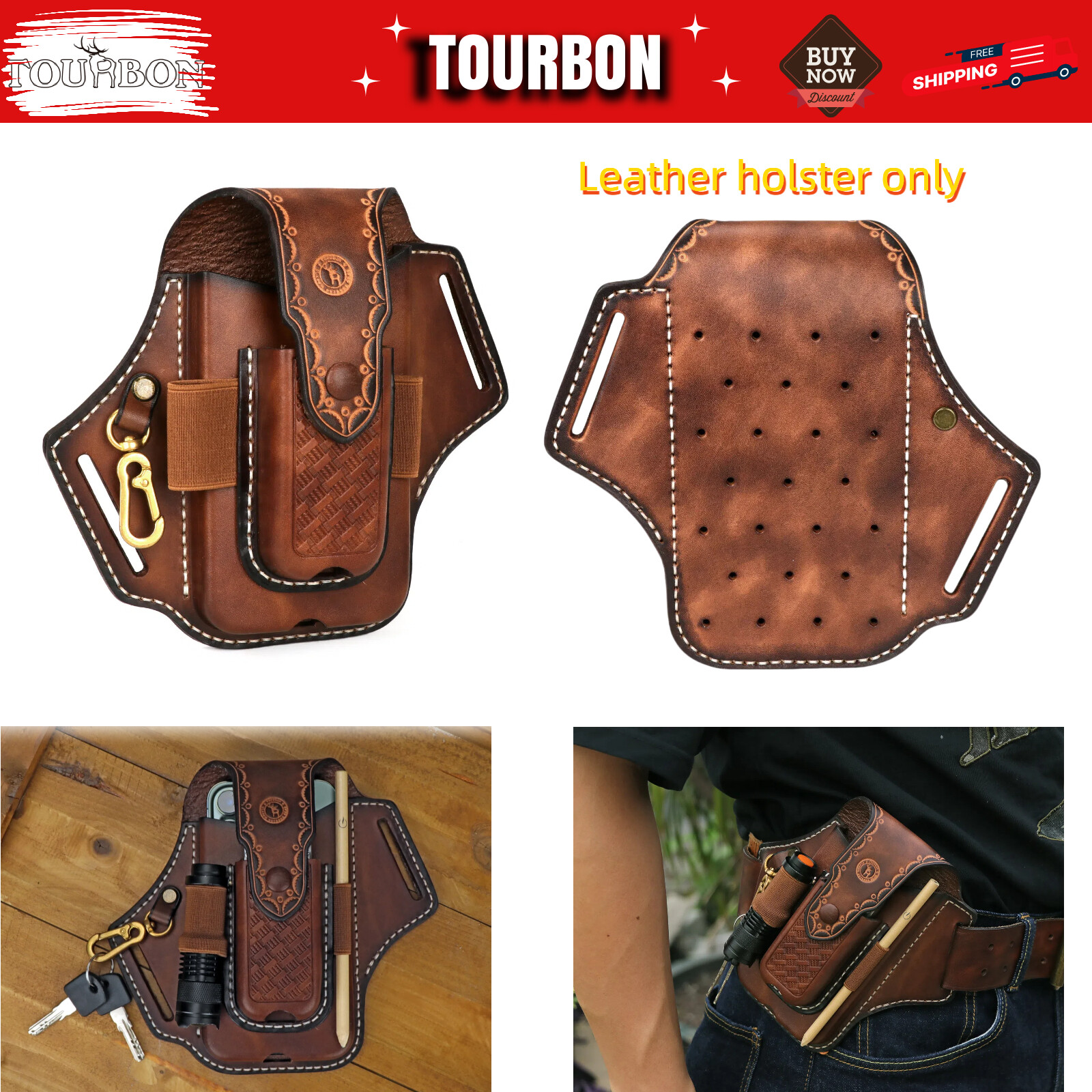 Leather Folding Knives Carry Sheath Belt Holster Tools Pouch Phone Case-TOURBON