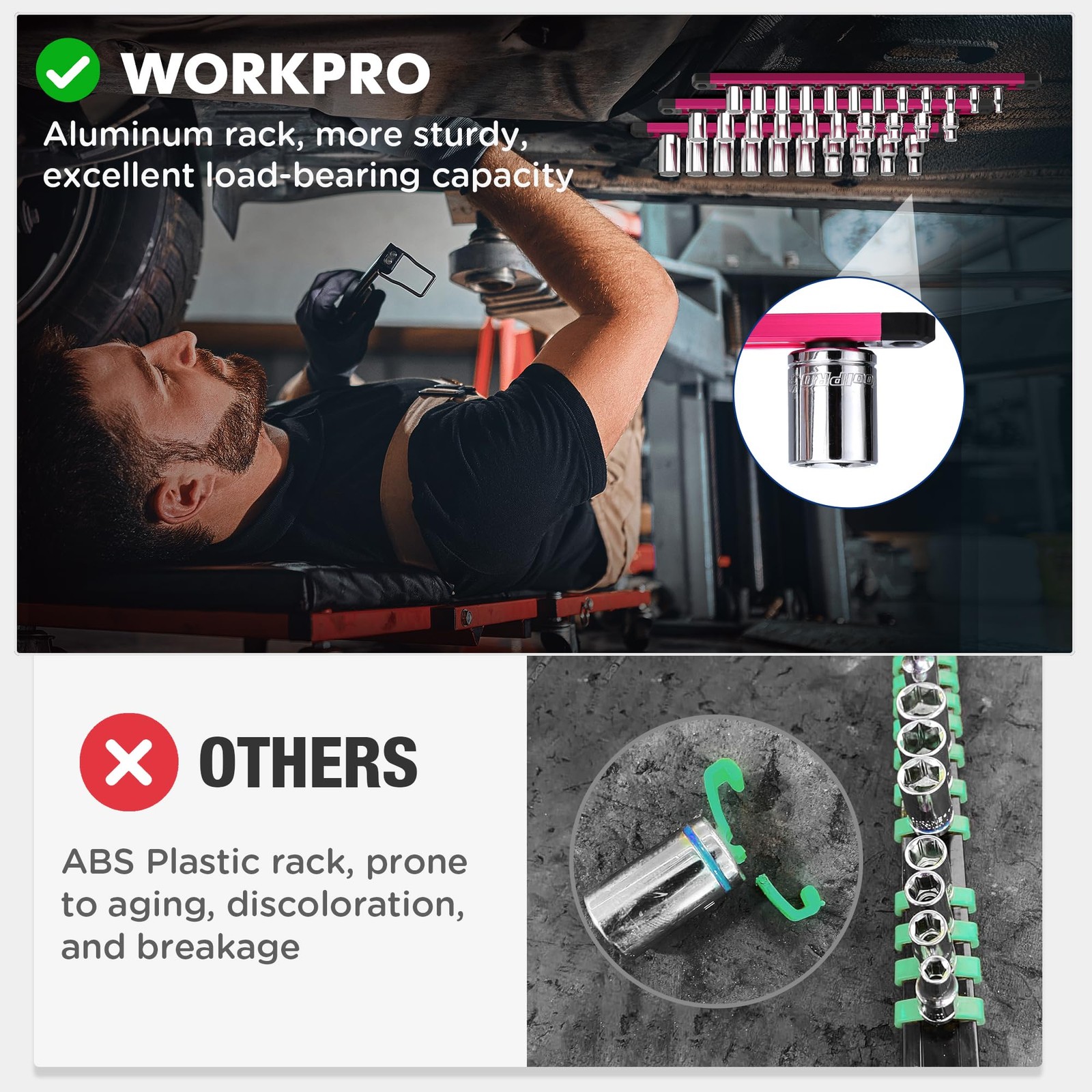 WORKPRO Magnetic Socket Organizer, 1/4-Inch Drive Aluminum 1/4″ DR, Rose Red