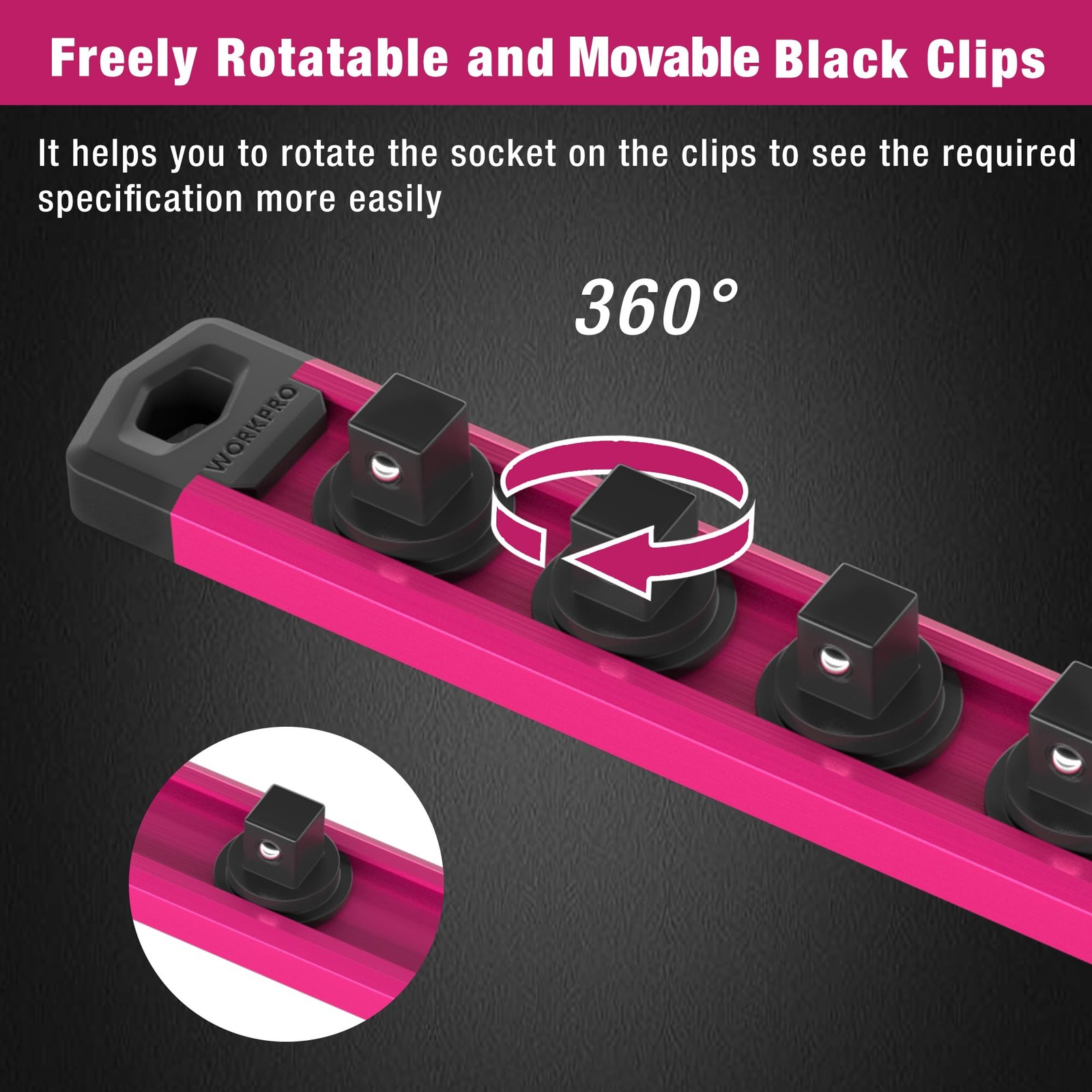 WORKPRO Magnetic Socket Organizer, 1/4-Inch Drive Aluminum 1/4″ DR, Rose Red