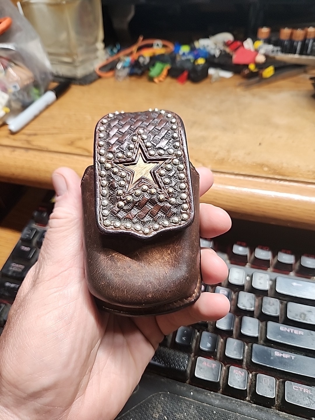 VTG Handmade Tooled Leather Belt Pouch Western Studded Star Cow Hair 4.5″ x 2.5″