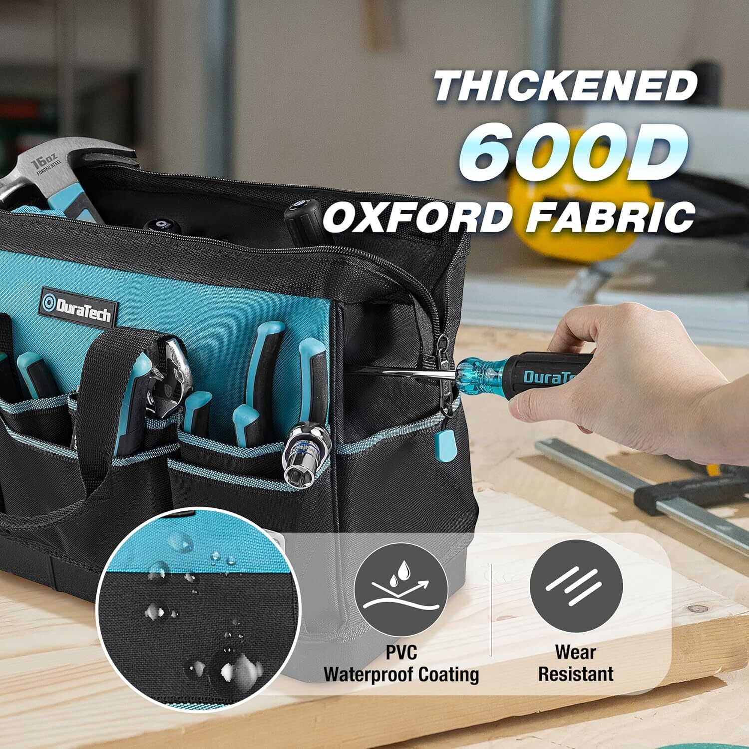 DURATECH 16-Inch Heavy Duty Tool Bag with Waterproof Hard Bottom with 18 Pockets