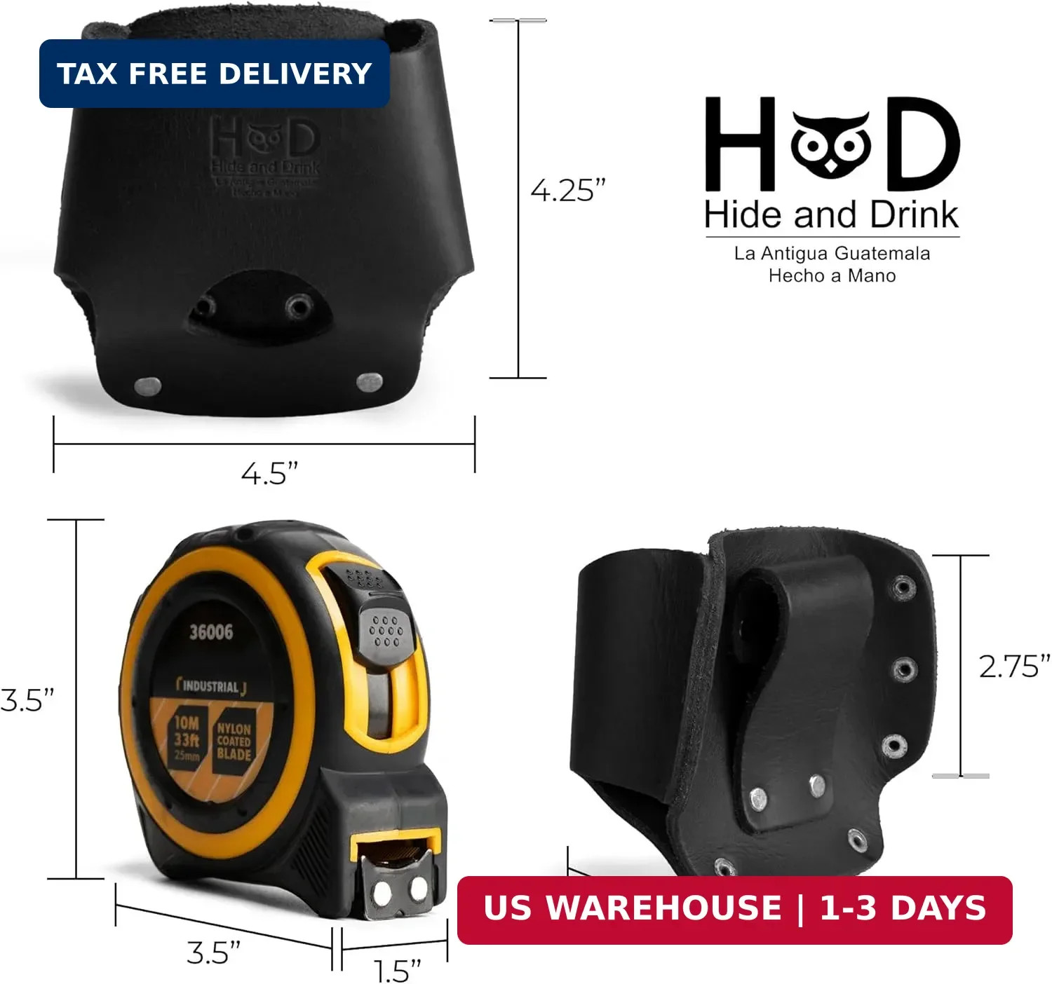 Hide & Drink, Large Tape Measure Holder, Tool Holster w/Easy Belt Loop for Handy