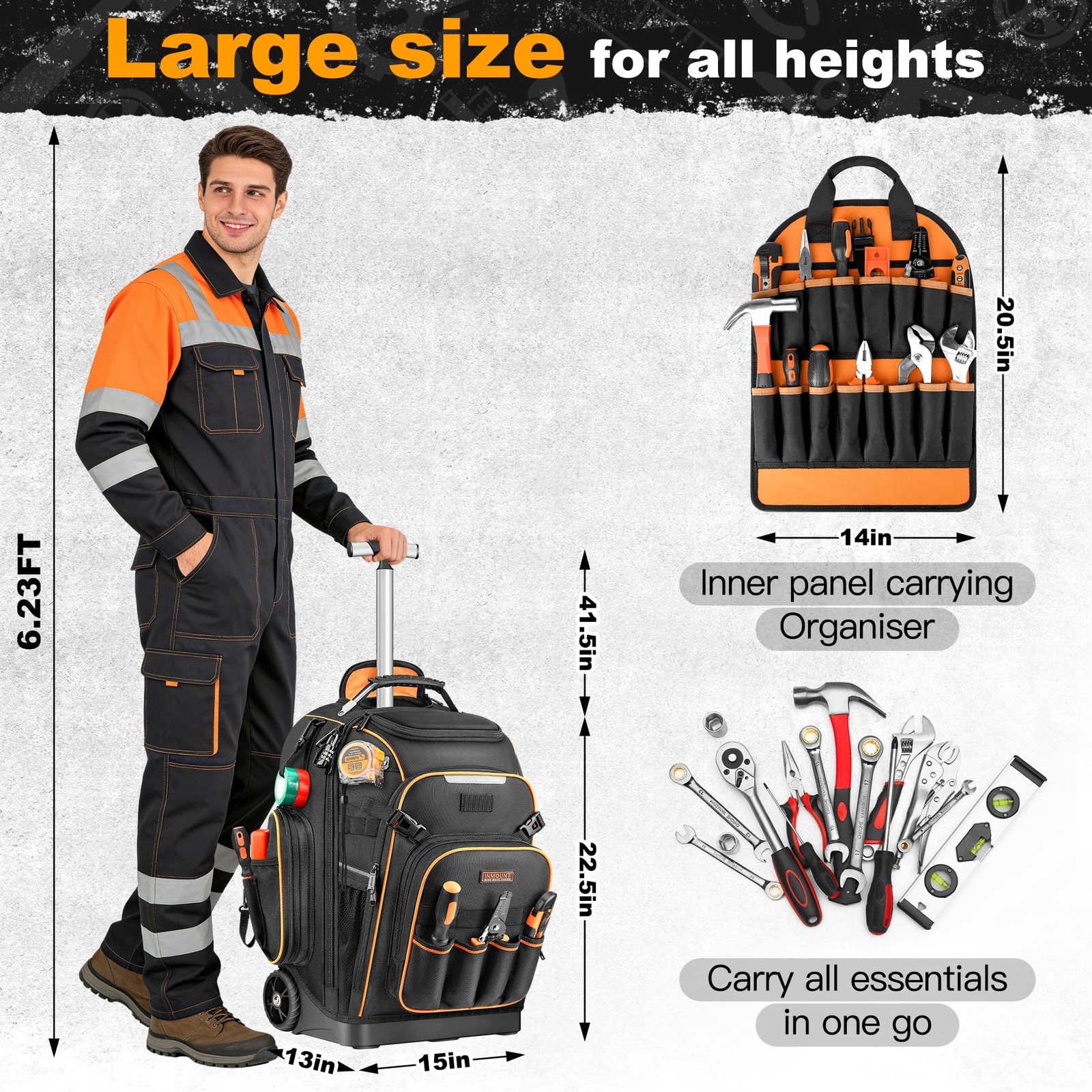 Large Tool Backpack Bag with Wheels, Combination Lock, USB Port, Molded Base