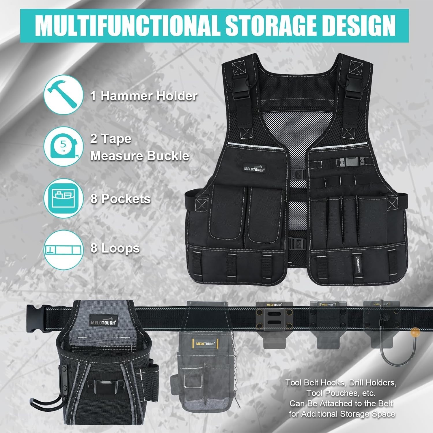 Tool Vest for Men with Pouches and Belt, Adjustable Multi-Pocket Safety Tool Ves