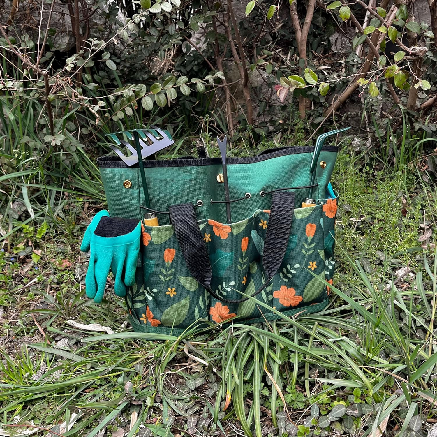 Waterproof Garden Tool Bag, 600D Oxford Portable Gardening Tote with Handle & Mu