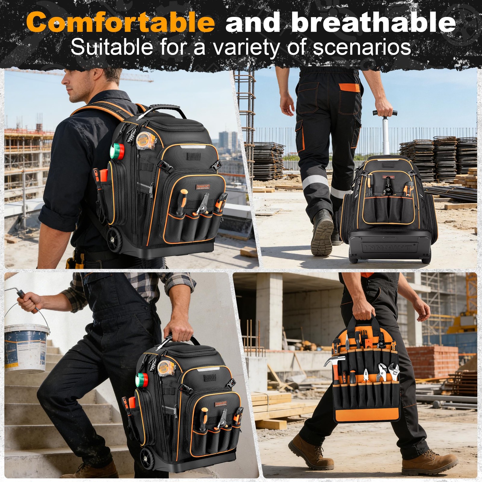 Large Tool Backpack Bag with Wheels, Combination Lock, USB Port, Molded Base