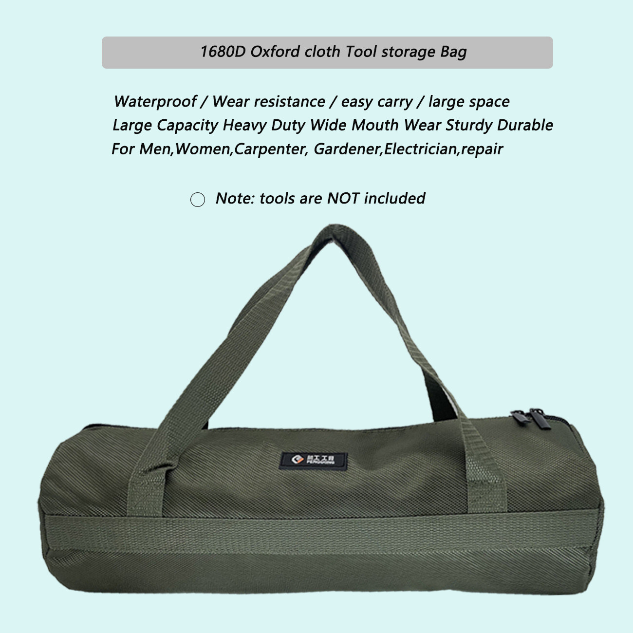 16 inch Green Tool Bag with Zippers Quick storage Canvas for home 15.75×5.12in