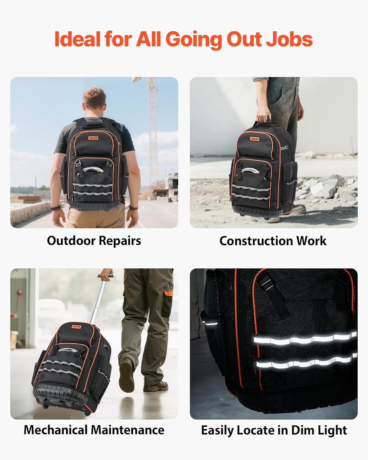 Professional Heavy Duty Tool Backpack with Wheels – 110 lbs Capacity, 72 Pockets