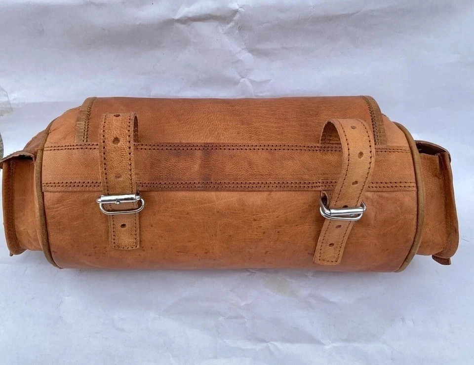 Goat Leather Motorcycle Tool Bag Vintage Strap Buckle Closure Brown Genuine