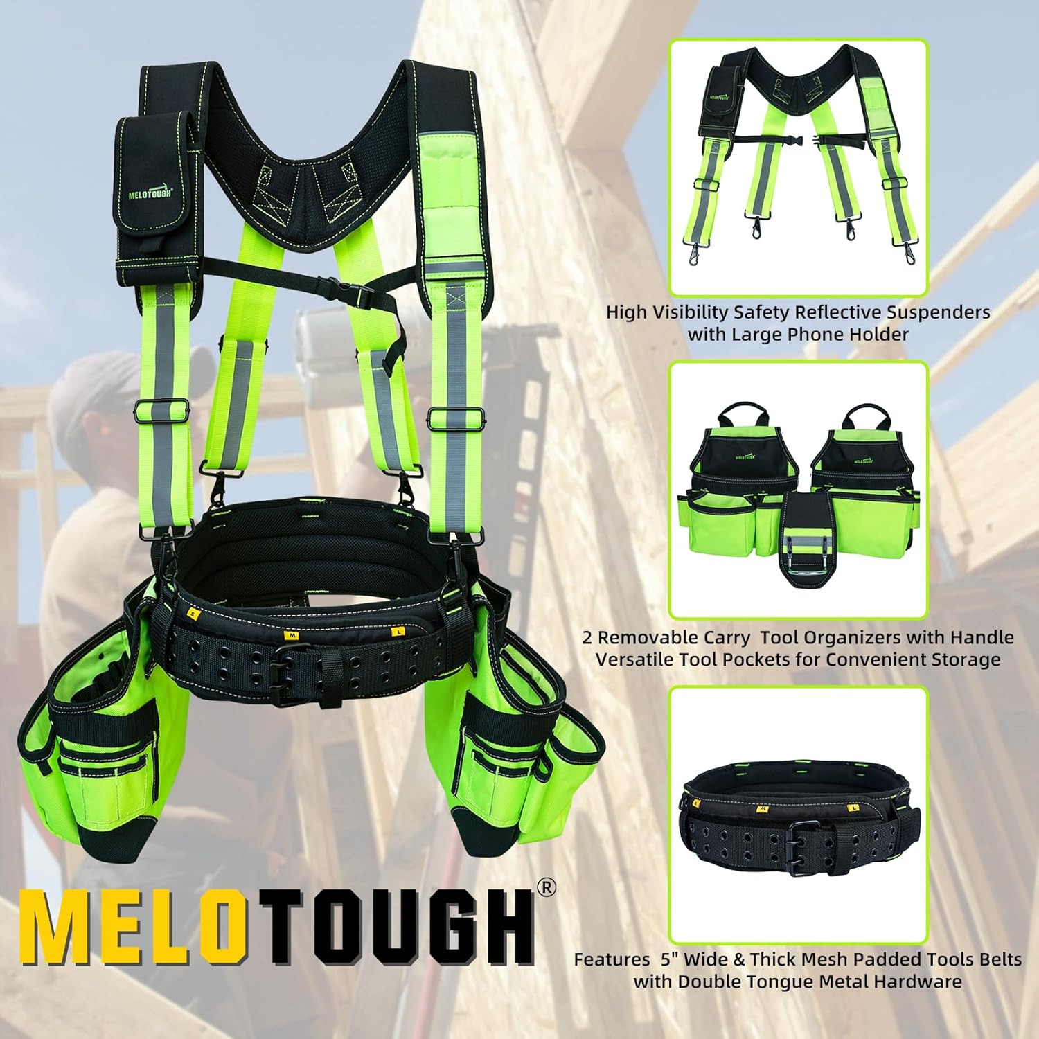Reflective Safety Tool Belt with Suspenders Tool Bag Supenders Framers Comb Apro