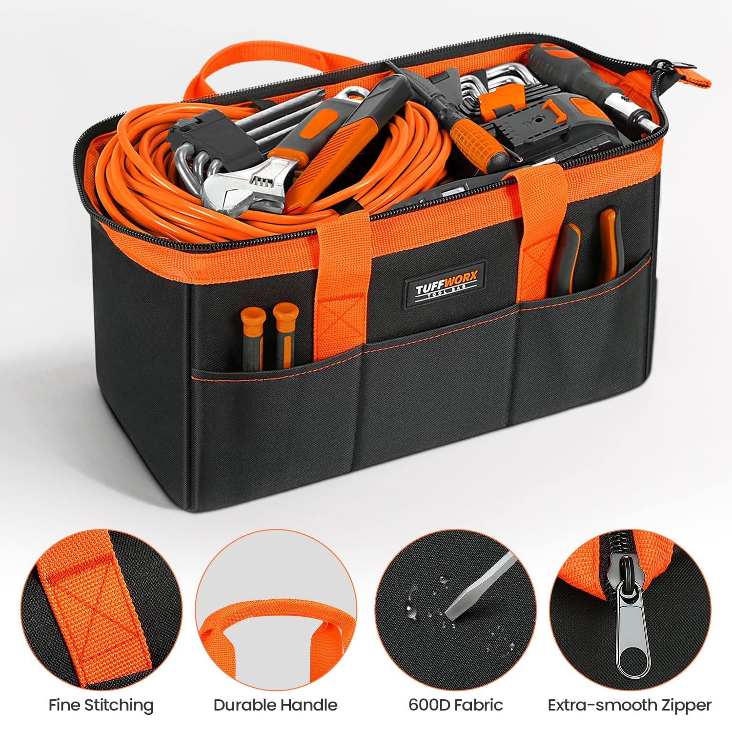 14 inch Tool Bag, Black, Orange, 600D Polyester, Heavy Duty Storage Organizer