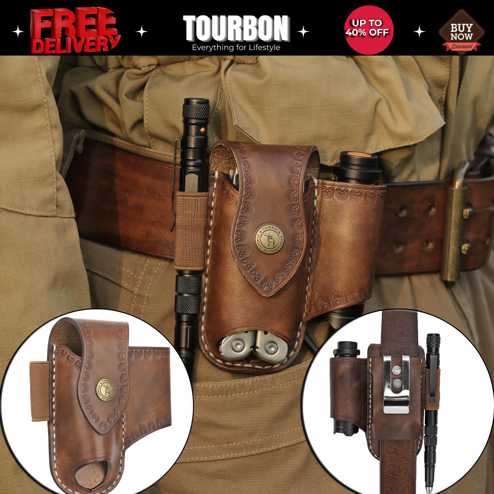 TOURBON Leather Knife Sheath EDC Pliers Belt Pouch Pocket Knives Pen Holster