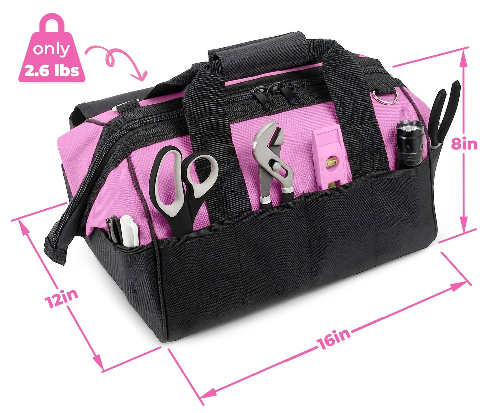 Pink Power Tool Bag for Women -16″ Tote w/ 16″ x 12″ x 9″, pink