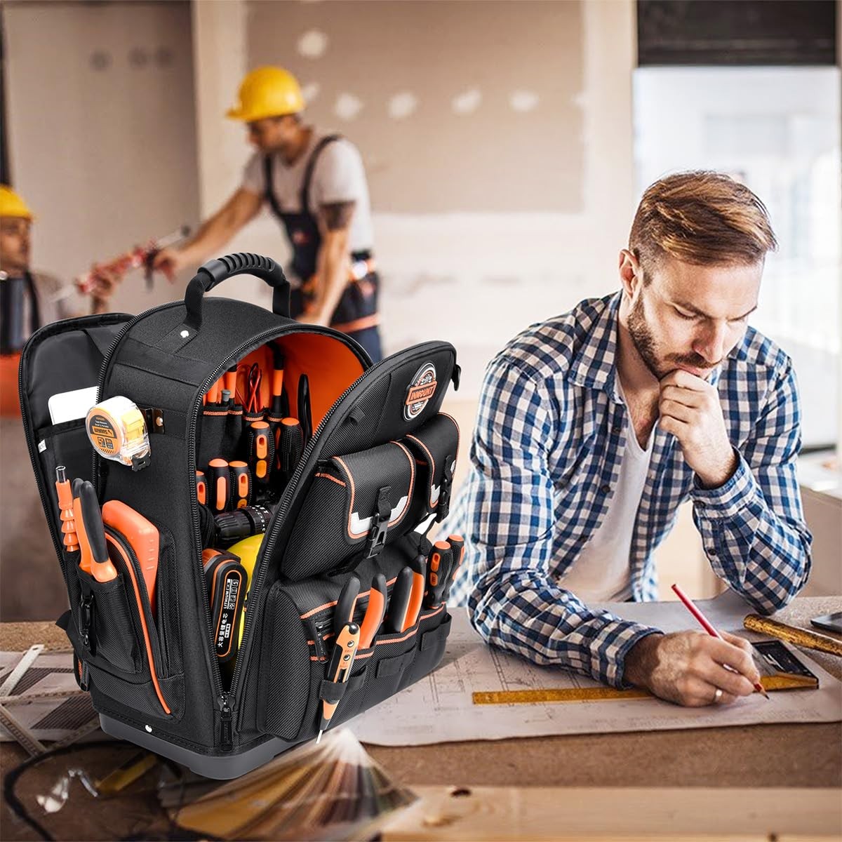 LOKASS Tool Backpack Heavy Duty with Molded Bottom, 1680D 56-Pocket Tool Bag …