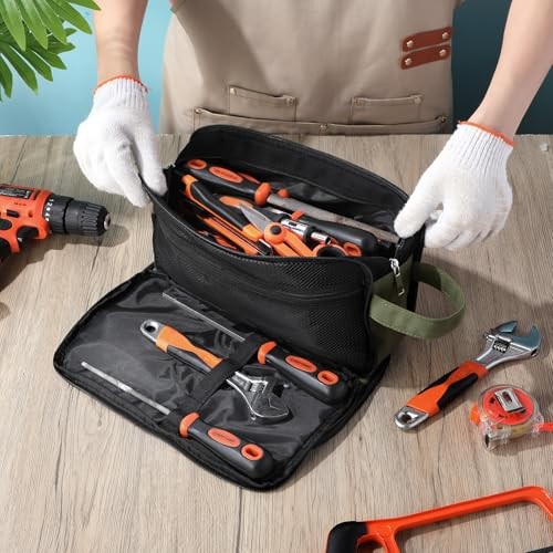 Green Heavy Duty Tool Pouch with Handle – 12″ Zipper Bag with 3 Compartments