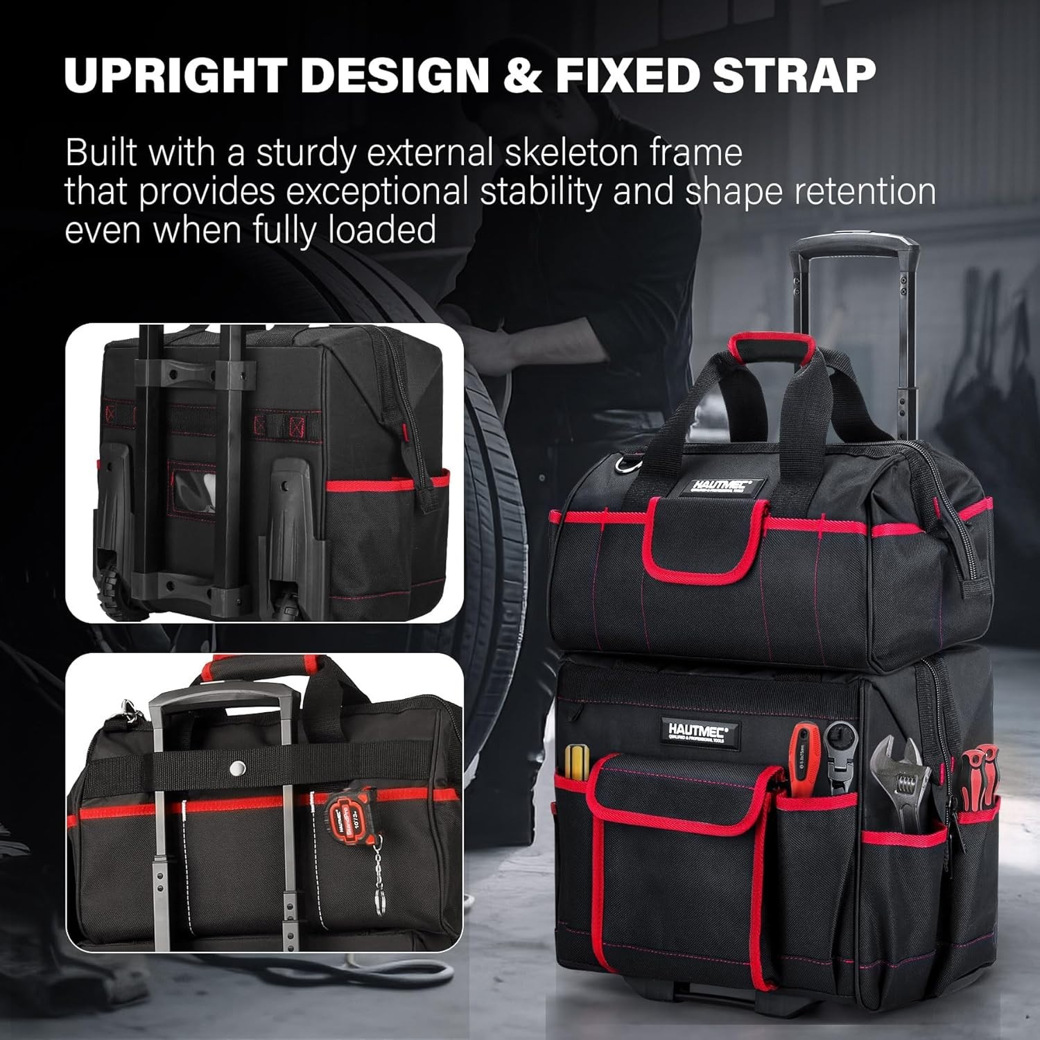 2-Piece Rolling Tool Bag Set, 15″ Wheeled Tool Bag & Wide Mouth Tool Tote, Heavy