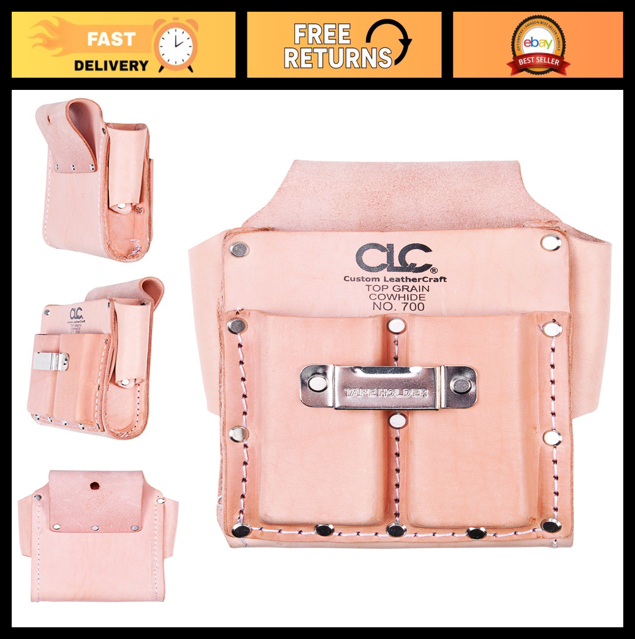 Heavy Duty 5-Pocket Tool Pouch, Durable Leather, Work Gear, Organizer, Tan