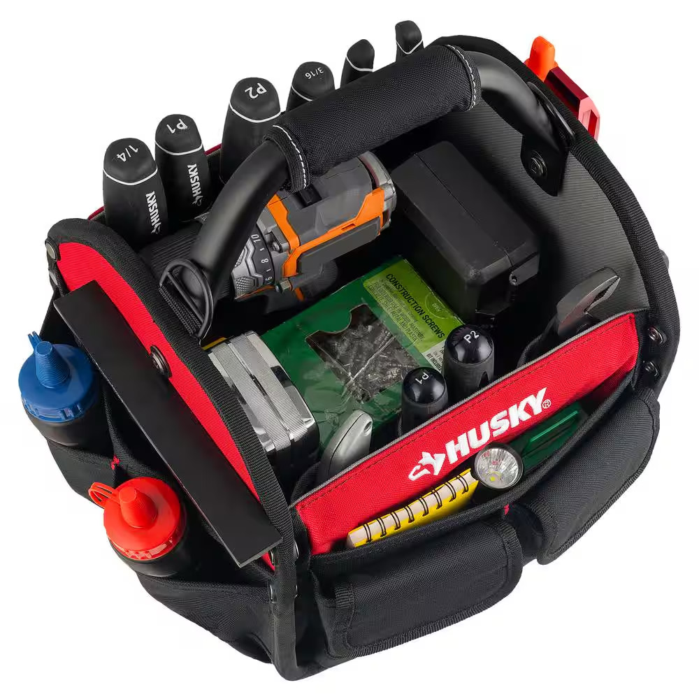 Husky Tool Bag 10 in 15 Pocket Open Top Tote Water Resistant Rotating Handle
