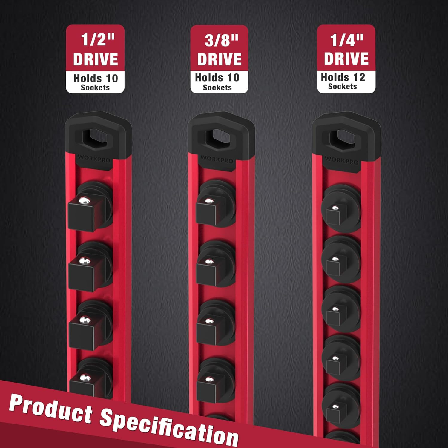 WORKPRO Magnetic 3 Pieces-1/4", 3/8", & 1/2" DR, Red