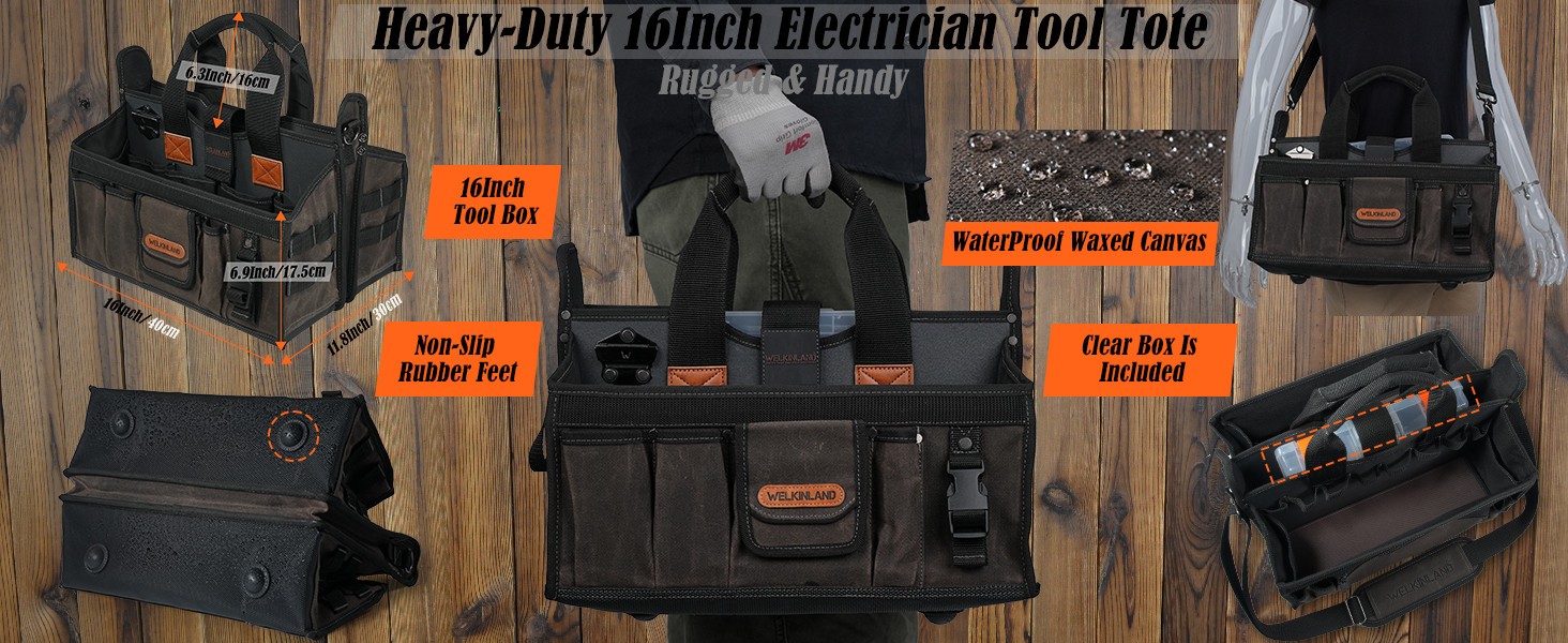 WELKINLAND, 16-In, 20-Pockets, Wide Opening, Waxed-Canvas Tool Bag (W00138)
