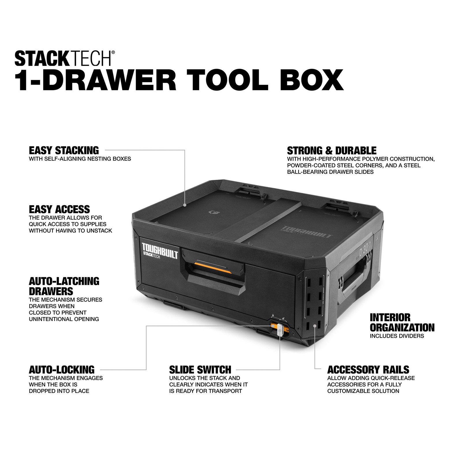 ToughBuilt StackTech 1-Drawer Tool Box, Durable Plastic Storage, Black(Open Box)