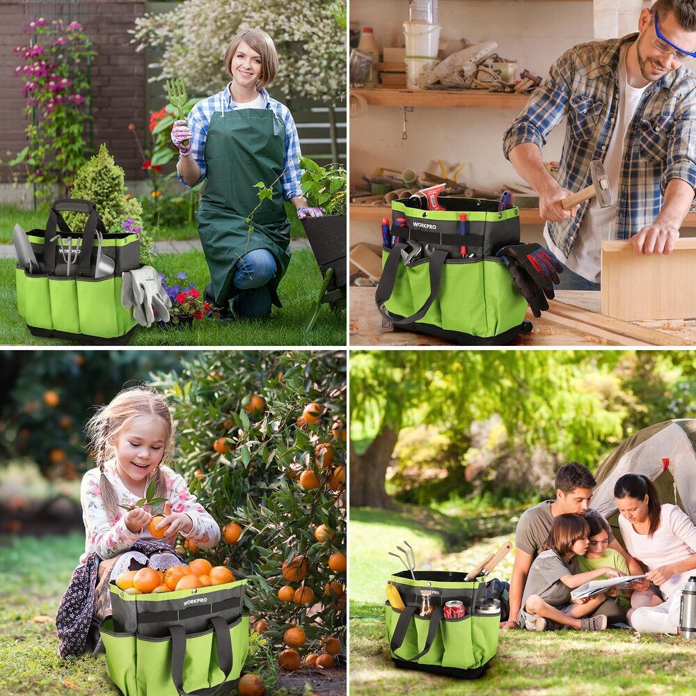 WORKPRO Garden Tool Bag Tote 8-Pocket Heavy Duty Caddy w/Waterproof Plastic Base