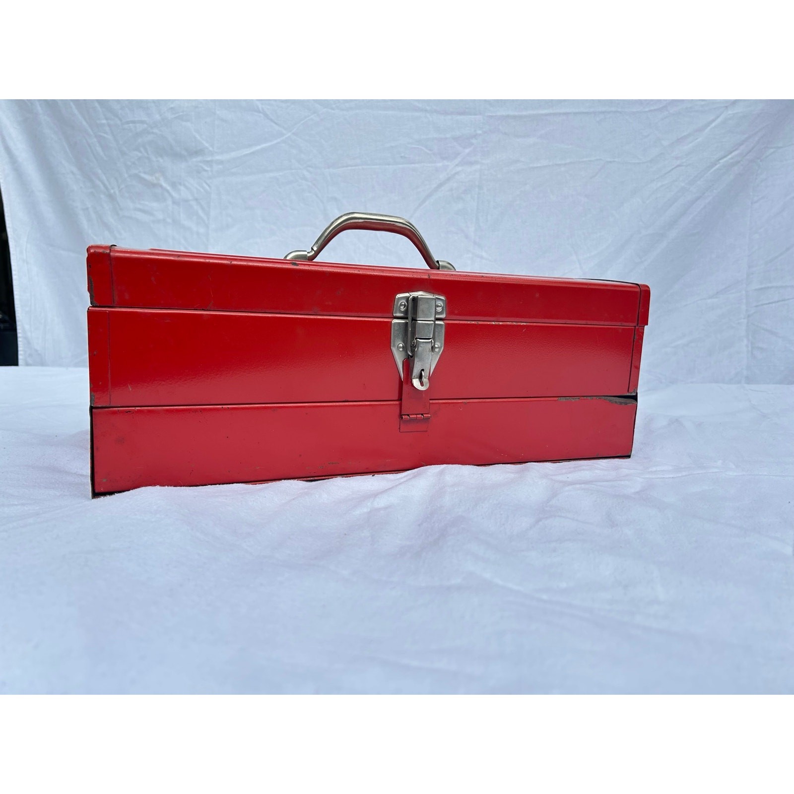 Vintage metal cherry red toolbox with pull out drawer