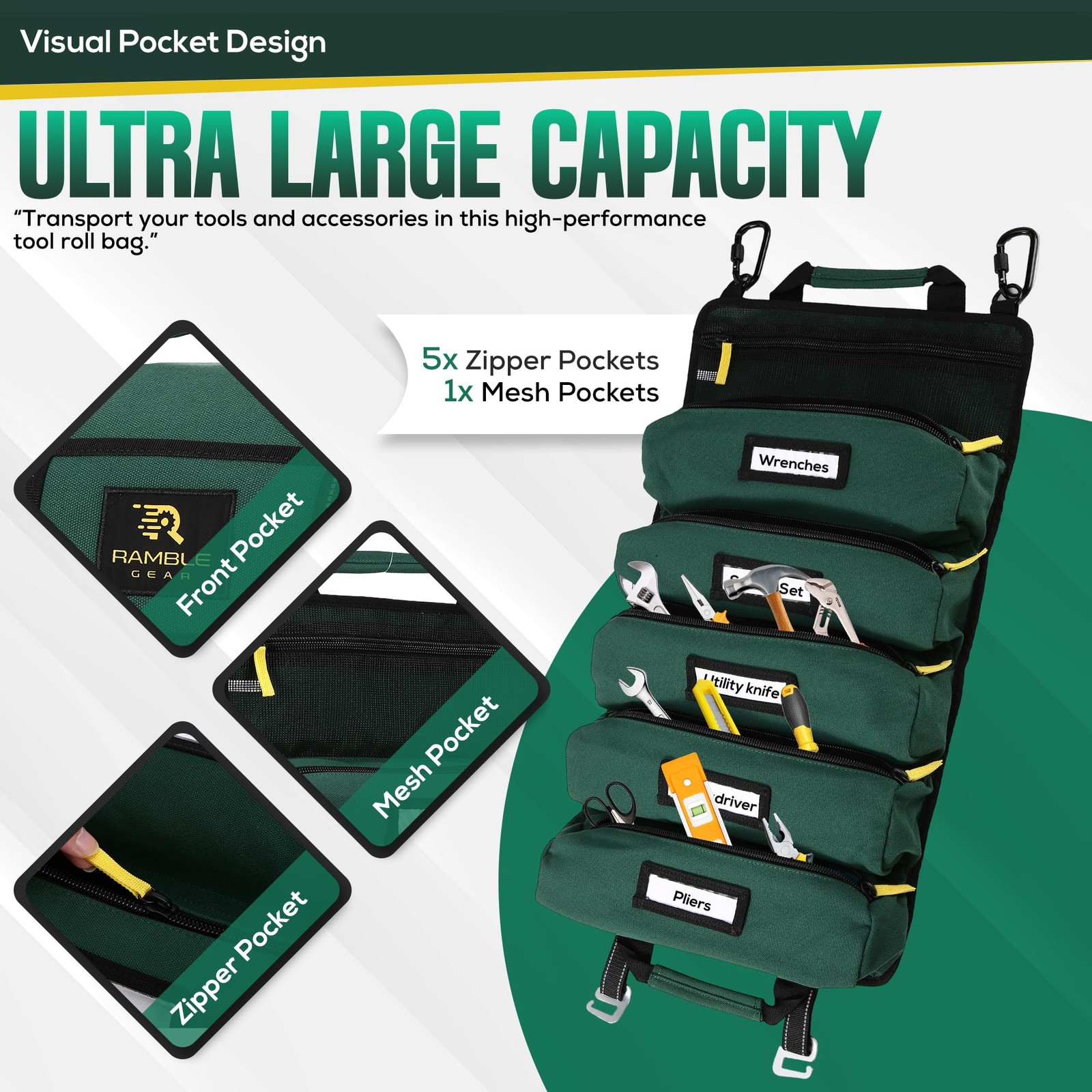 Ramble Gear Roll Up Tool Bag 10 inches x 2 x 20 inches, Green
