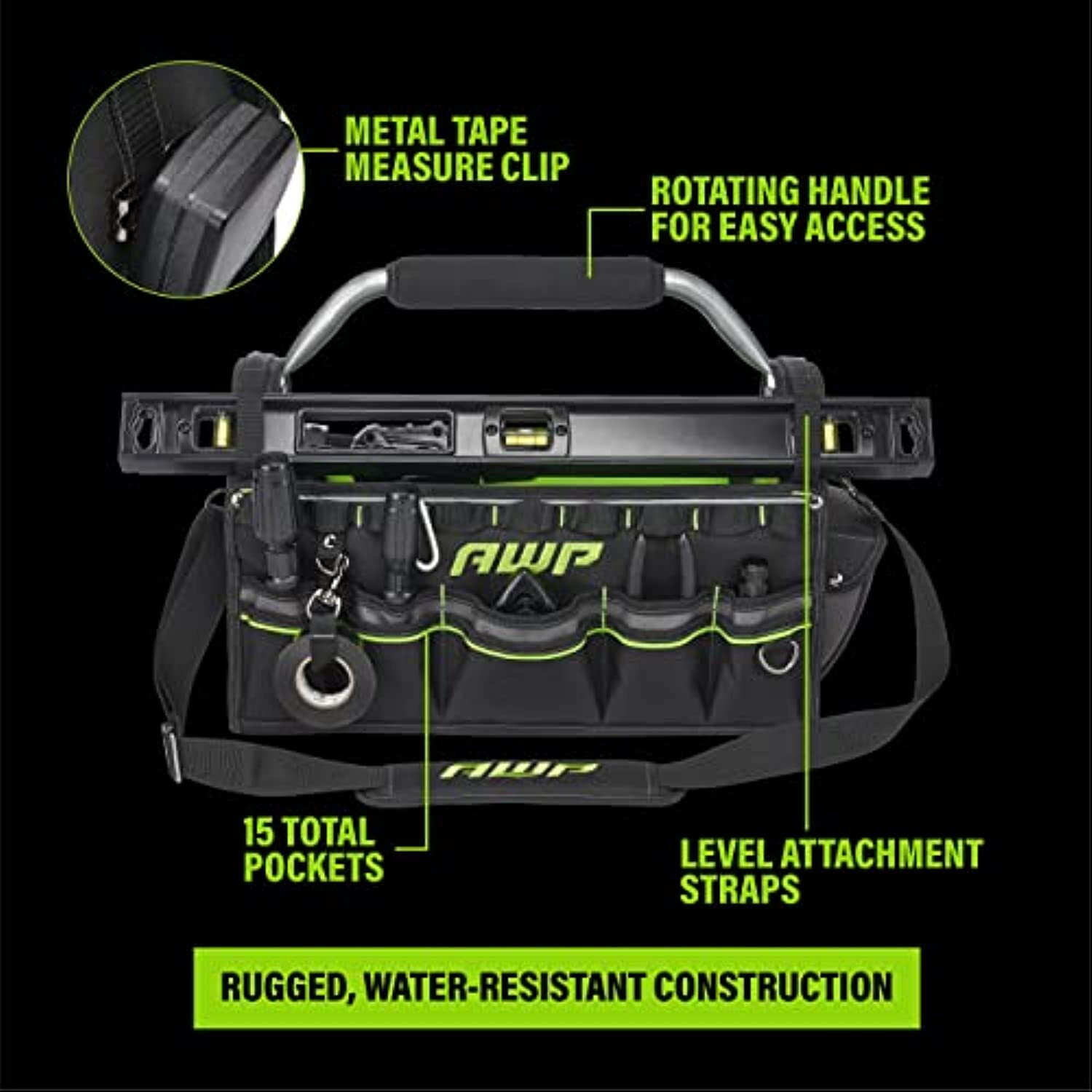 AWP 18″ Pro Tool Tote | Water Resistant Tool Bag with Rotating Handle, Removable