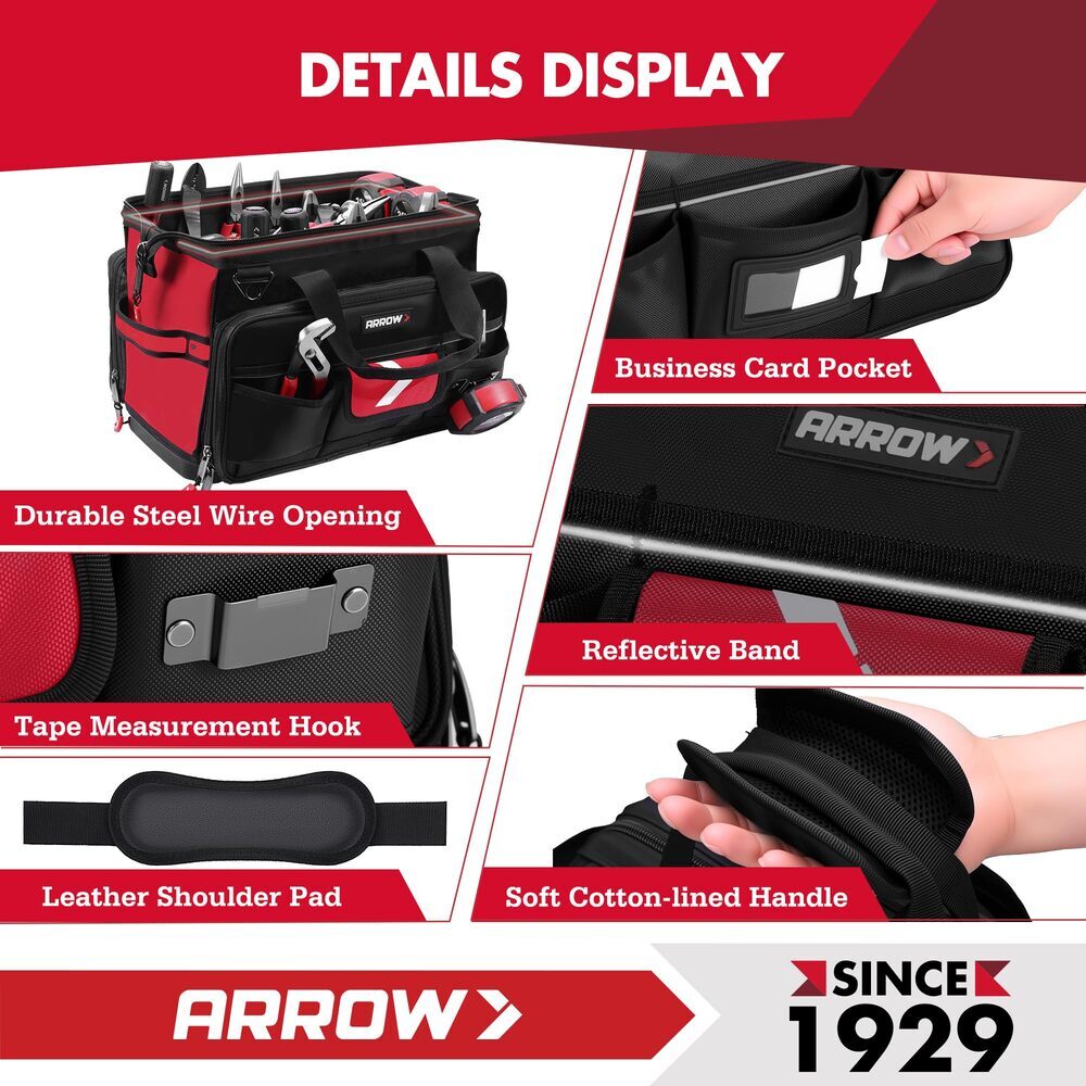 ARROW 17″ Large Heavy Duty Tool Bag Zippered Wide Open Mouth Toolbag w/36 Pocket