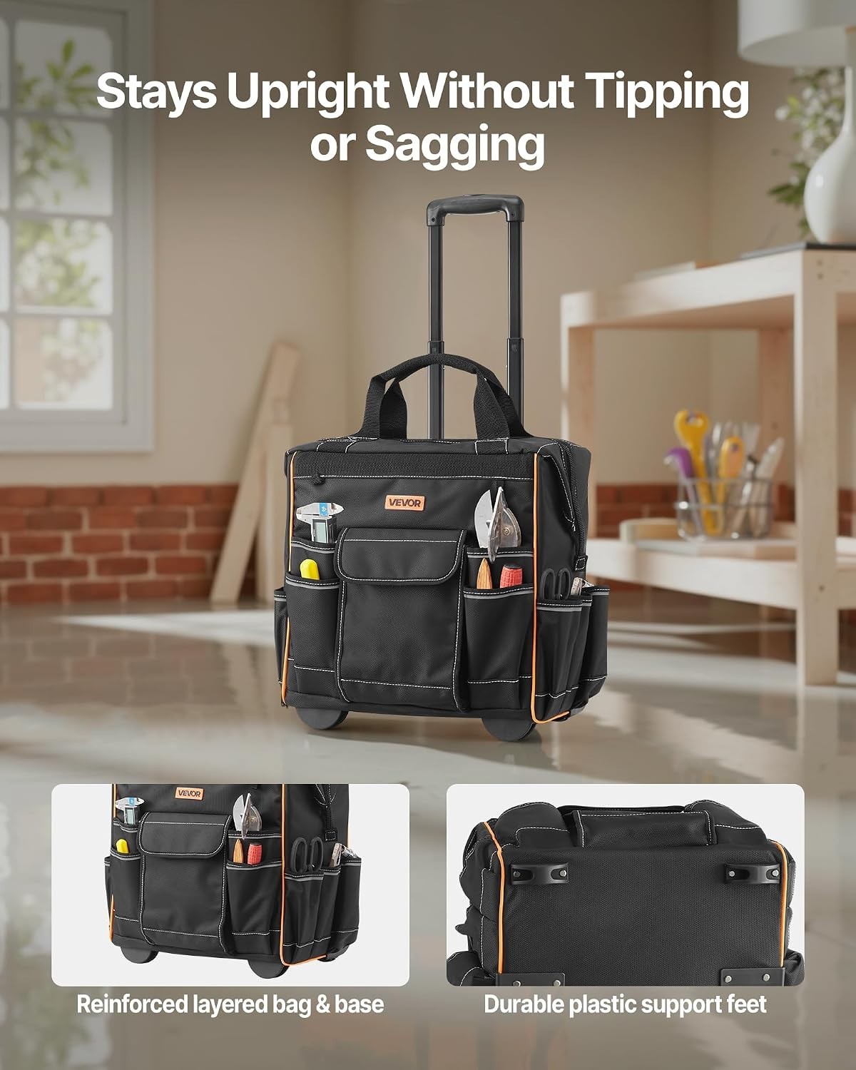 15″ Rolling Tool Bag, 110 lbs Load Capacity, 25 Pockets Heavy Duty Roller Too…