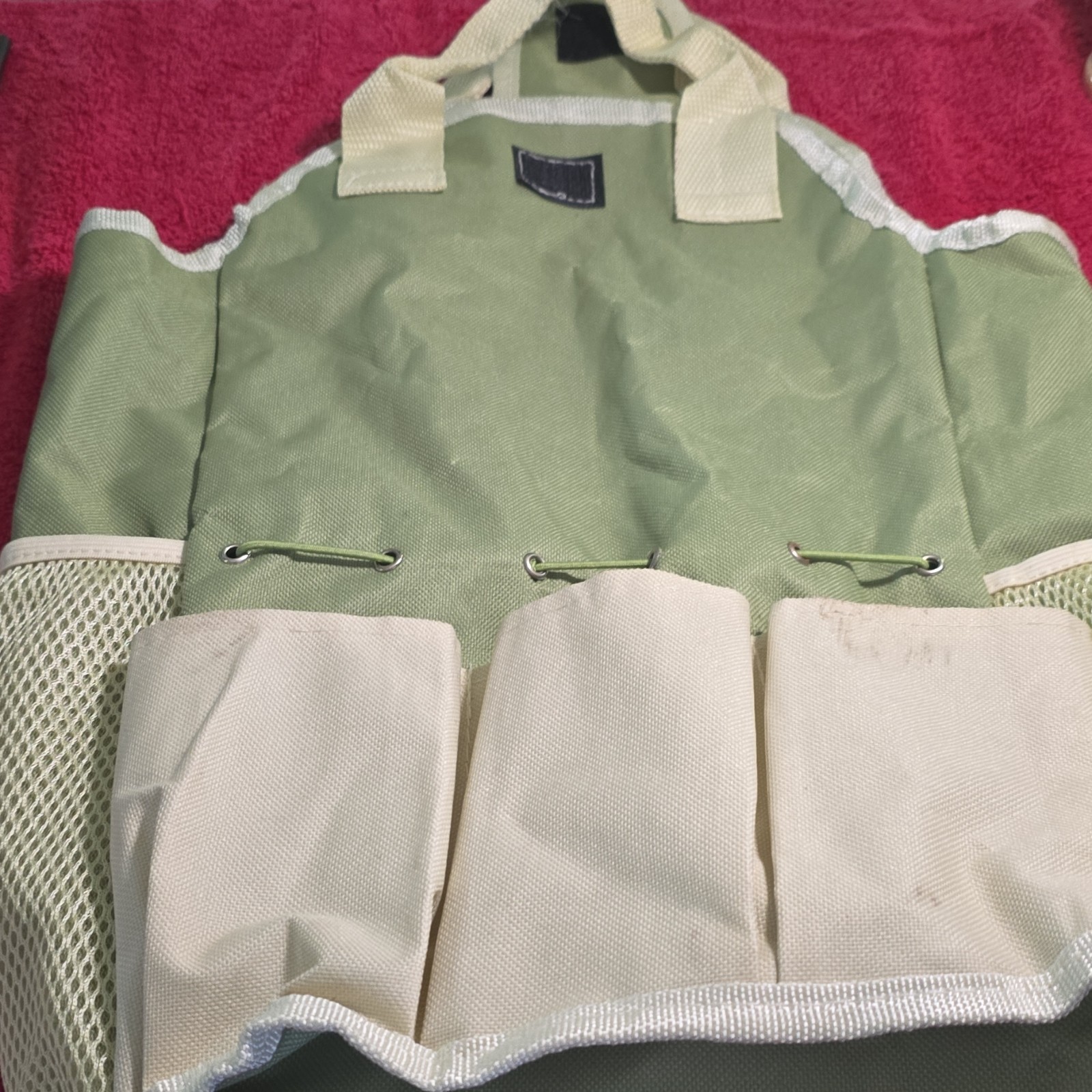 Large Green/Beige Fabric Tool Bag Tote w/ Handle, Multi-Pocket, 20x15x16″