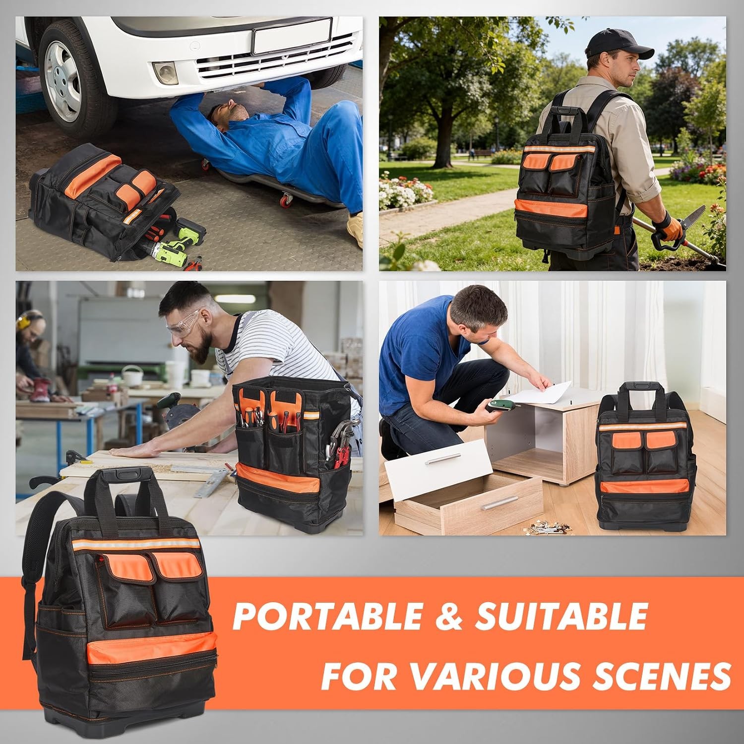 17in Heavy Duty Tool Backpack Waterproof Oxford Contractor Bag Reinforced Base
