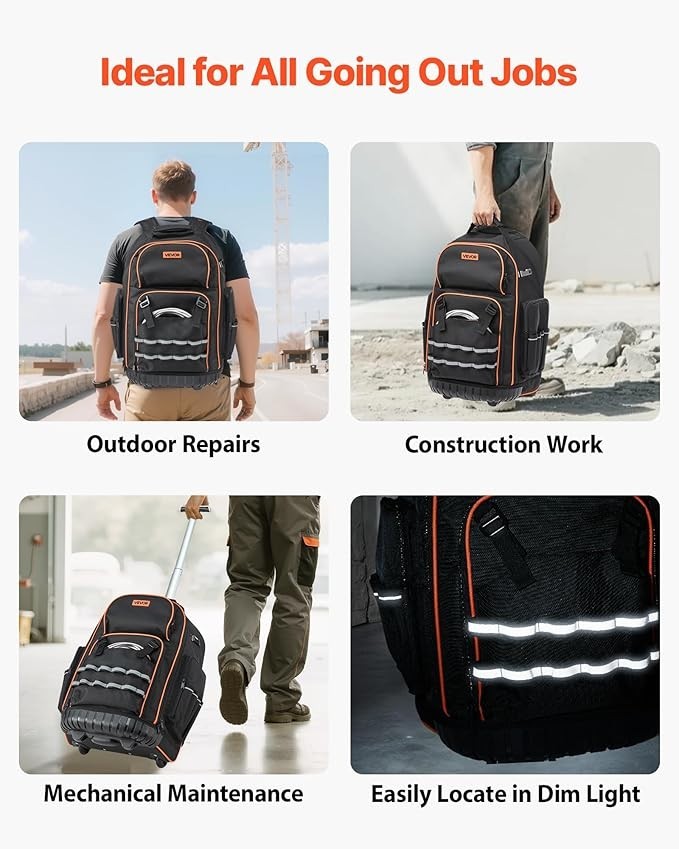 Rolling Tool Backpack with Wheels, 75 Pockets & Lock for Electricians