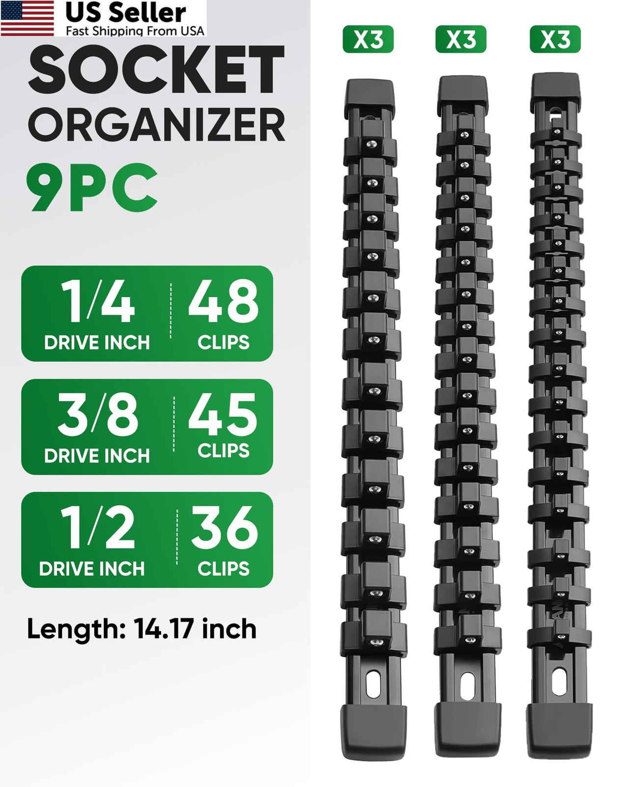 ALOANES 9PC ABS Socket Organizer, 9PC, 1/2, 3/8 & 1/4-inch Drive, Black