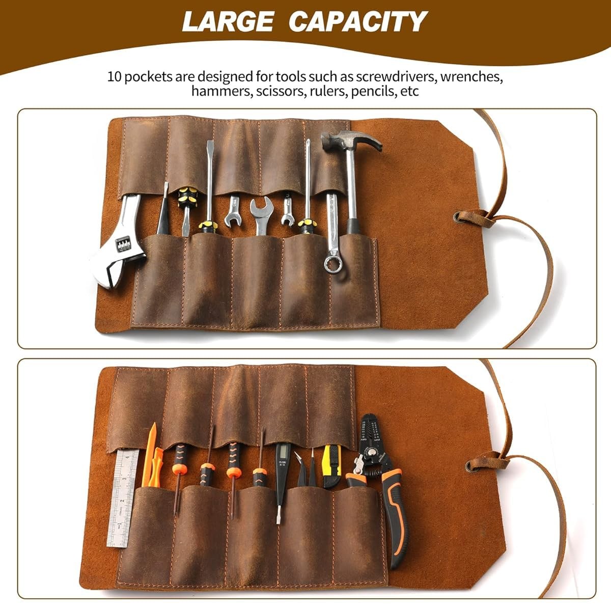 Leather Tool Roll Up Pouch (10 Slots) – Leather Tool Wrench Roll/Chisel Bag P…