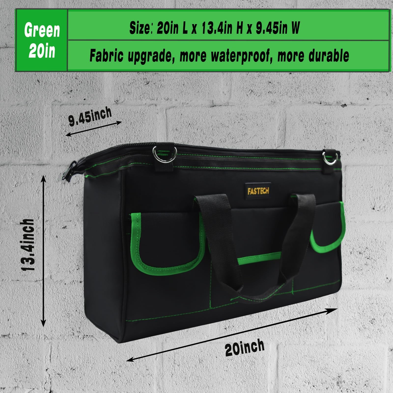 20 Inch Tool Bag Waterproof Wide Mouth Kit Large Storage Shoulder Strap Green