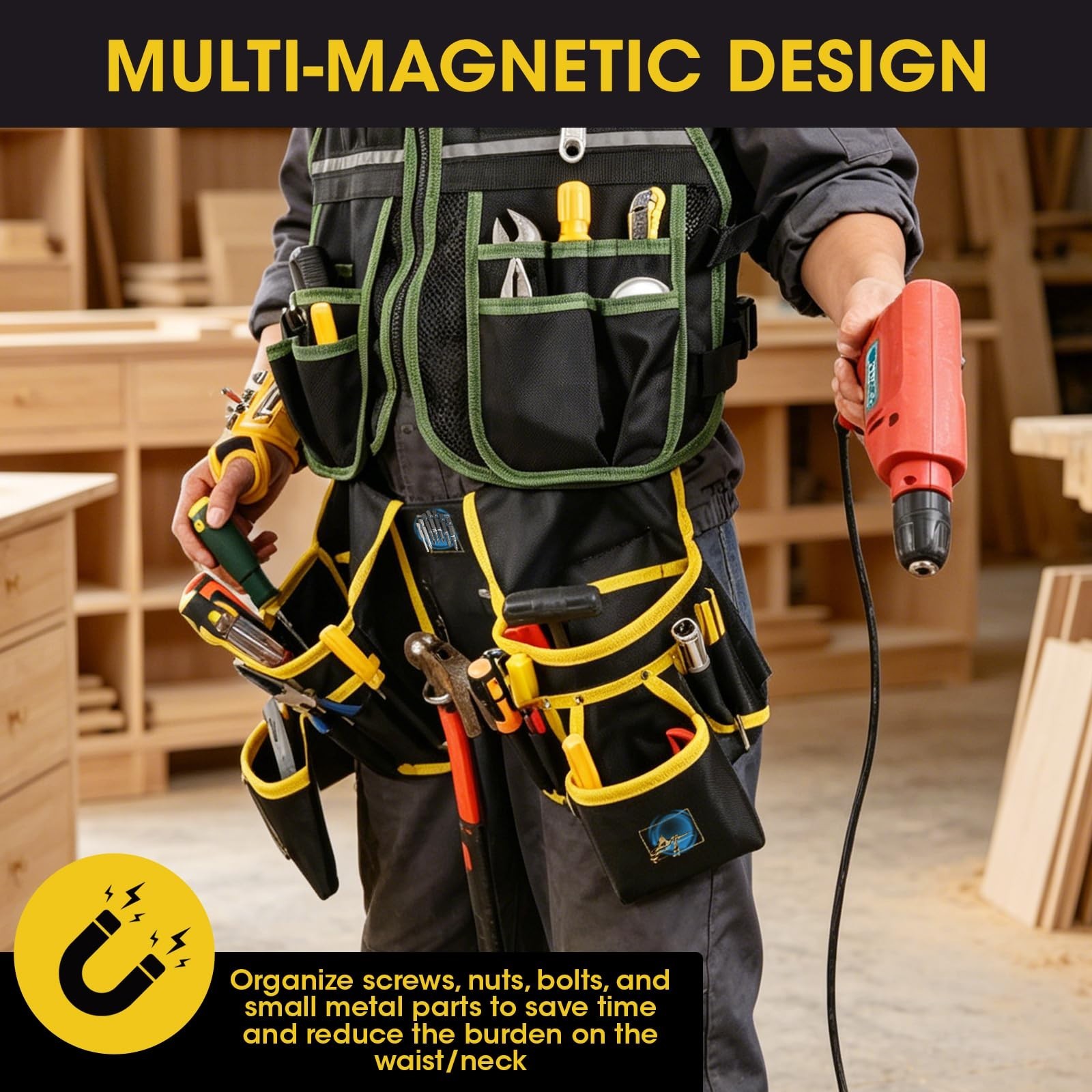 Adjustable 3-in-1 Tool Vest with Magnetic Wristband & Belt | Breathable, Multi-P