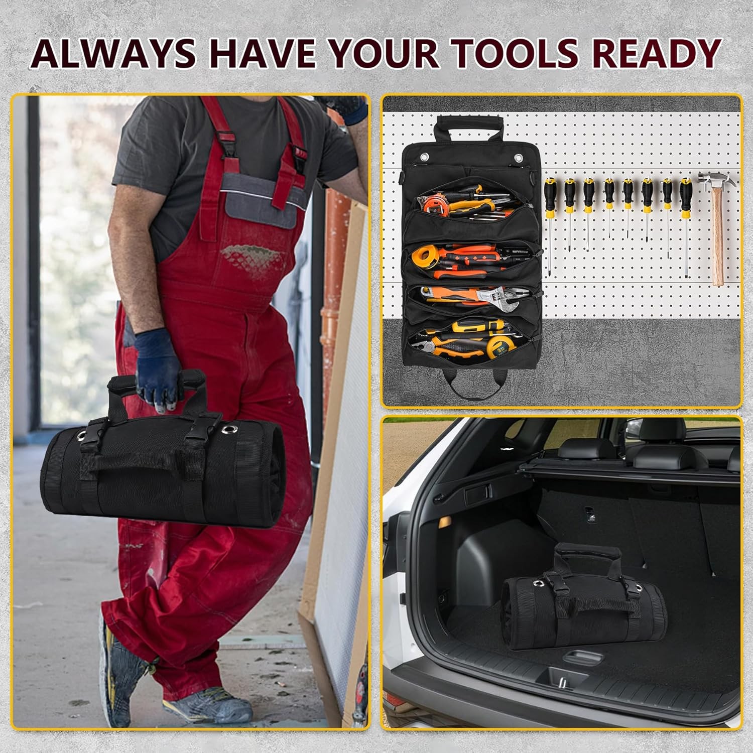 Roll Up Tool Bag Heavy Duty Tool Roll Up Bag 4 Pockets w/Detachable Tool Pouches